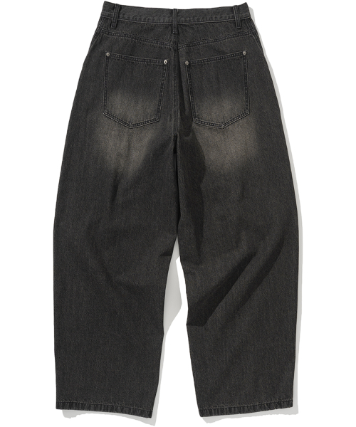 Linen Like Curved Semi Wide Denim Pants - Black
