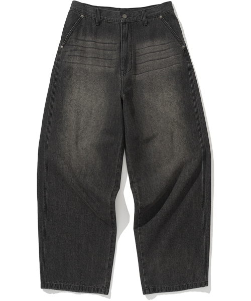 Linen Like Curved Semi Wide Denim Pants - Black