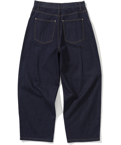 Linen Like Curved Semi Wide Denim Pants - Deep Indigo