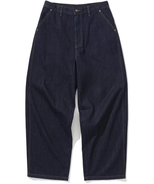 Linen Like Curved Semi Wide Denim Pants - Deep Indigo