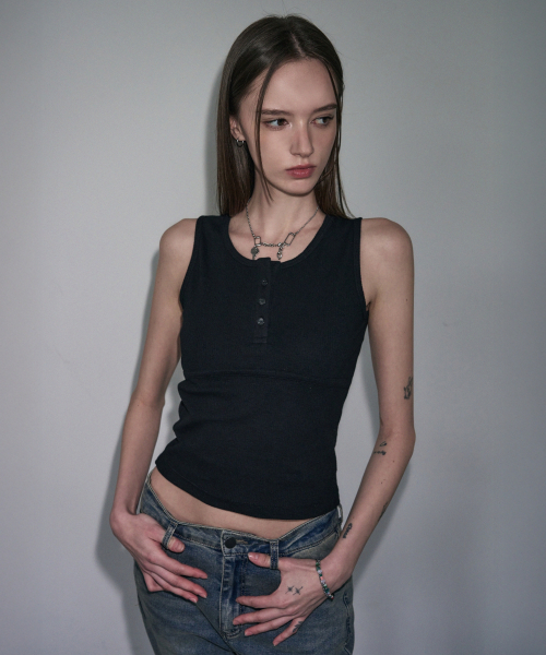 Ribbed Henley Neck Sleeveless [MELANGE]