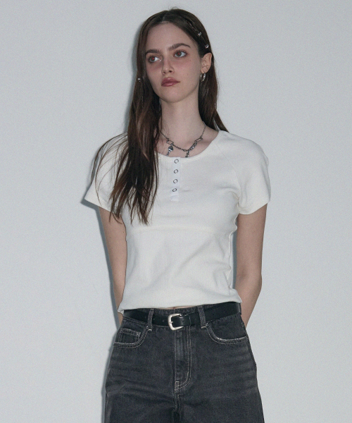 Ribbed Henley Neck Half T-shirt [3COLOR]