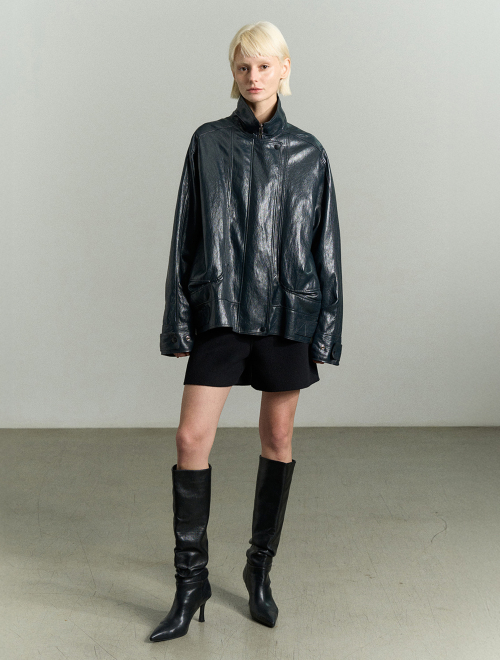 FUNNEL NECK VEGAN LEATHER JACKET MIDNIGHT NAVY