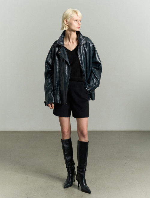 FUNNEL NECK VEGAN LEATHER JACKET MIDNIGHT NAVY