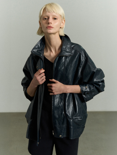 FUNNEL NECK VEGAN LEATHER JACKET MIDNIGHT NAVY