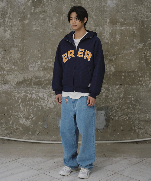 [UN] Mesh Applique Hoodie Zip-Up Navy