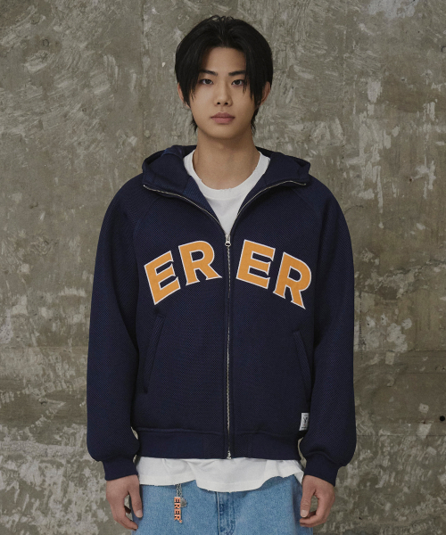 [UN] Mesh Applique Hoodie Zip-Up Navy