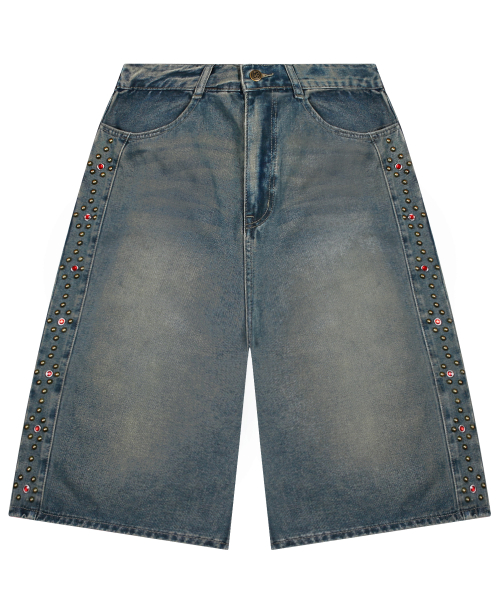Широкие джинсовые бермуды XP277 с заклепками (VINTAGE BLUE)