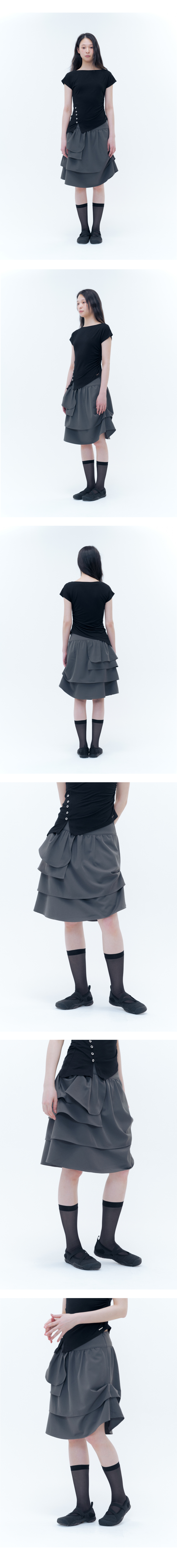 MUSINSA | MISEKI SEOUL Unbalanced layers midi skirt CHARCOAL