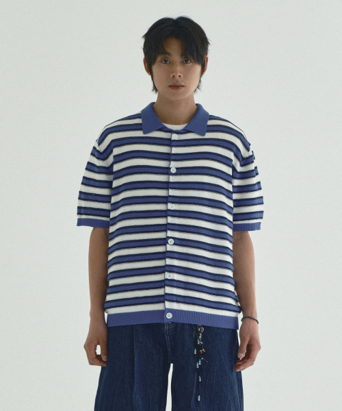 Striped воротник короткий рукав Cardigan_Blue