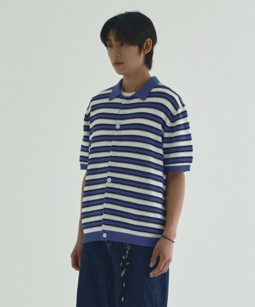 Striped воротник короткий рукав Cardigan_Blue