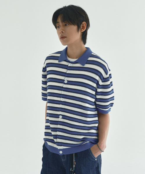 Striped воротник короткий рукав Cardigan_Blue