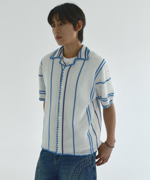 Striped Crochet Вязка Shirt_Blue
