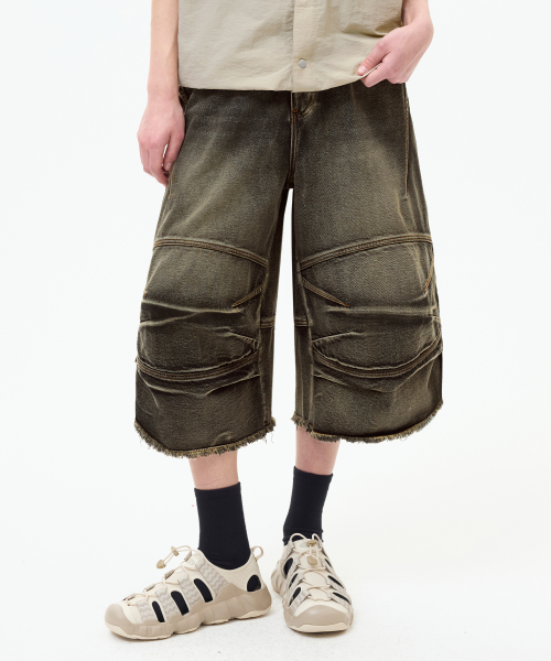KNEECAP MULTI DART WASHING деним шорты [YELLOW BLACK]