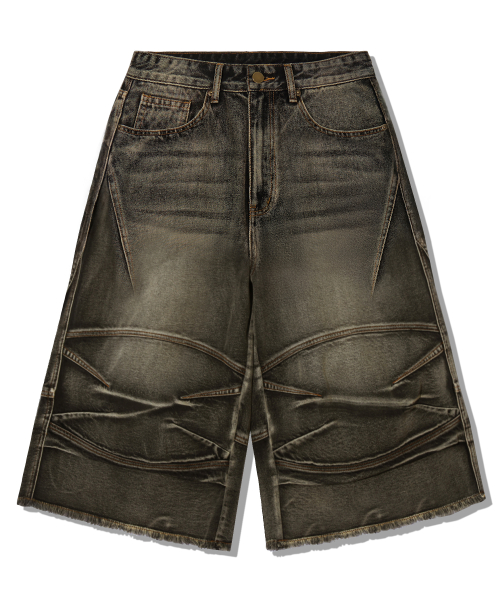 KNEECAP MULTI DART WASHING деним шорты [YELLOW BLACK]