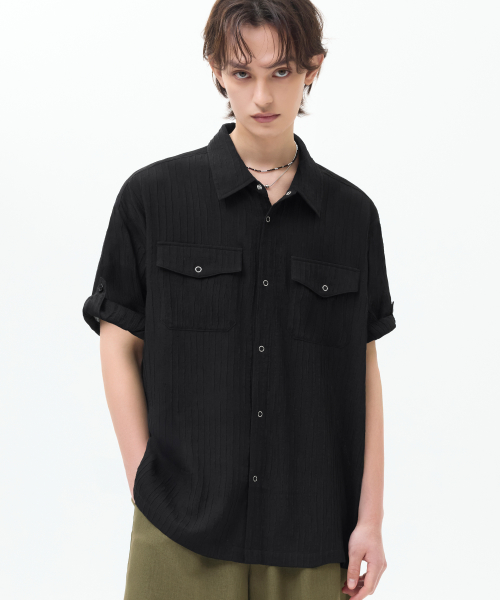 LINKLE прозрачный OVERFIT ROLL UP HALF рубашка [BLACK]