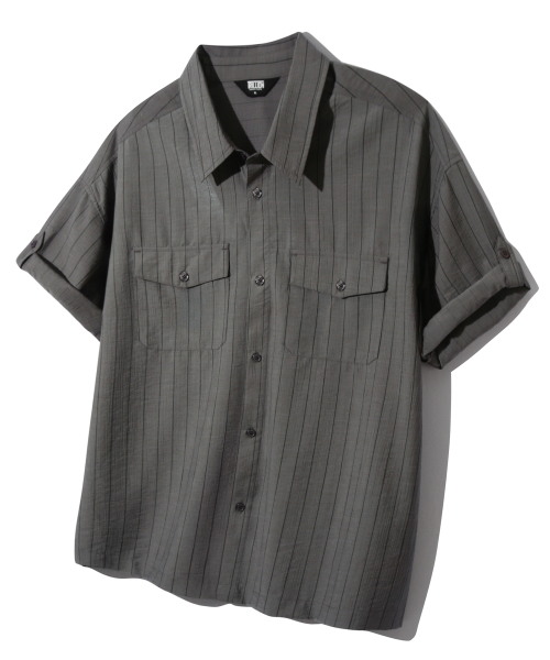 SUMMER полоса OVERFIT ROLL UP HALF рубашка [CHARCOAL]