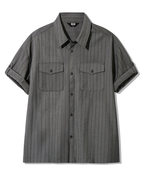 SUMMER полоса OVERFIT ROLL UP HALF рубашка [CHARCOAL]