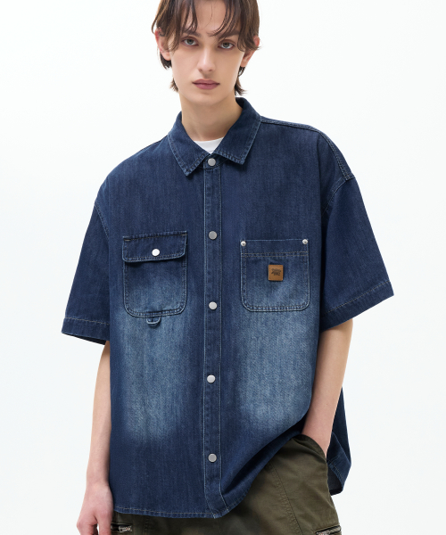 MUSINSA | TRILLION Leather Patch Oversized Work Denim Short Sleeve