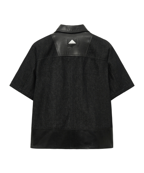 кожа MIX деним короткий SLEEVE рубашка (BLACK)