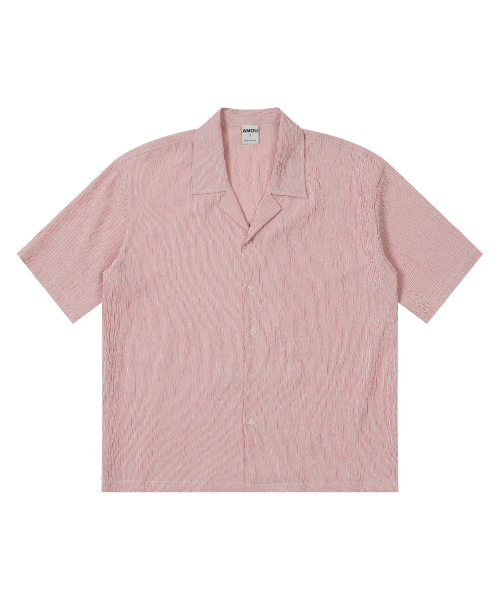Wrinkle stripe Open Collar half shirts red