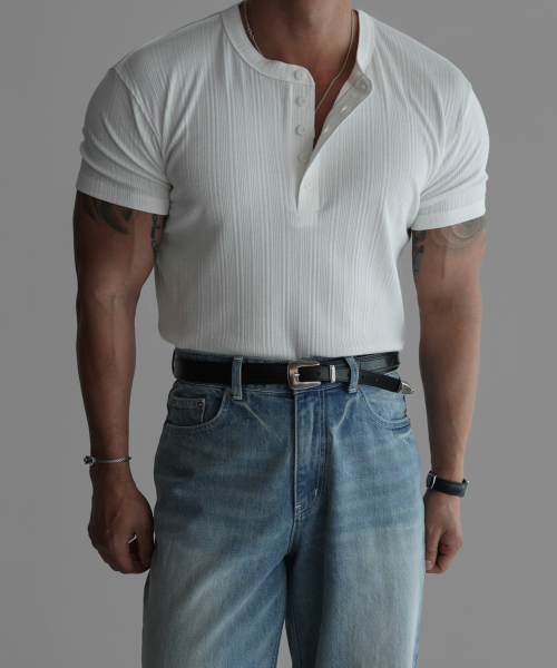 PATTERN MUSCLE HENLEY NECK SHORT KNIT TEE [IVORY]