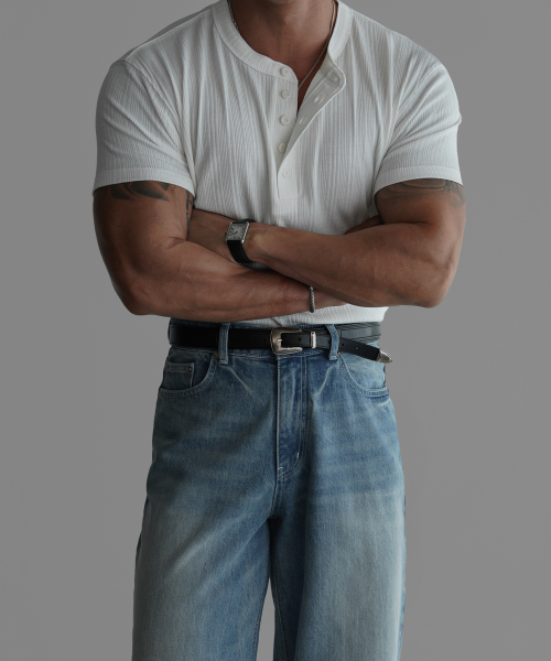 PATTERN MUSCLE HENLEY NECK SHORT KNIT TEE [IVORY]