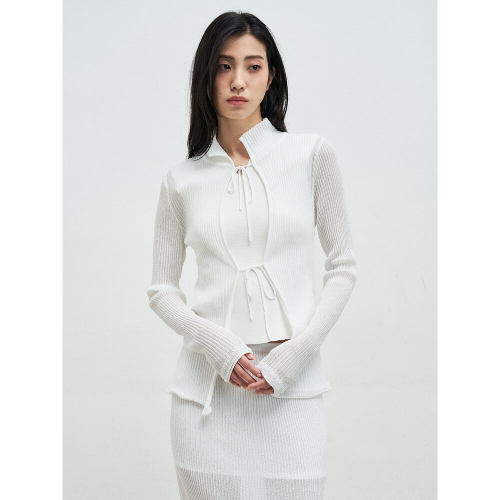 Textured Knit Tie Cardigan White