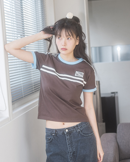 DOUBLE LACE S/S TEE(BROWN)