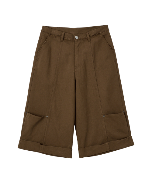 Frayed Blunt Bermuda Pants-Brown