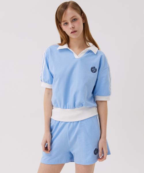 [комплект] спорт контрастность воротник короткий рукав + линия контрастность шорты небо синий