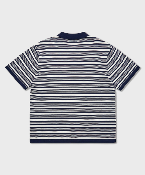 70s Multi Stripe Cotton Knit Polo Shirts Navy