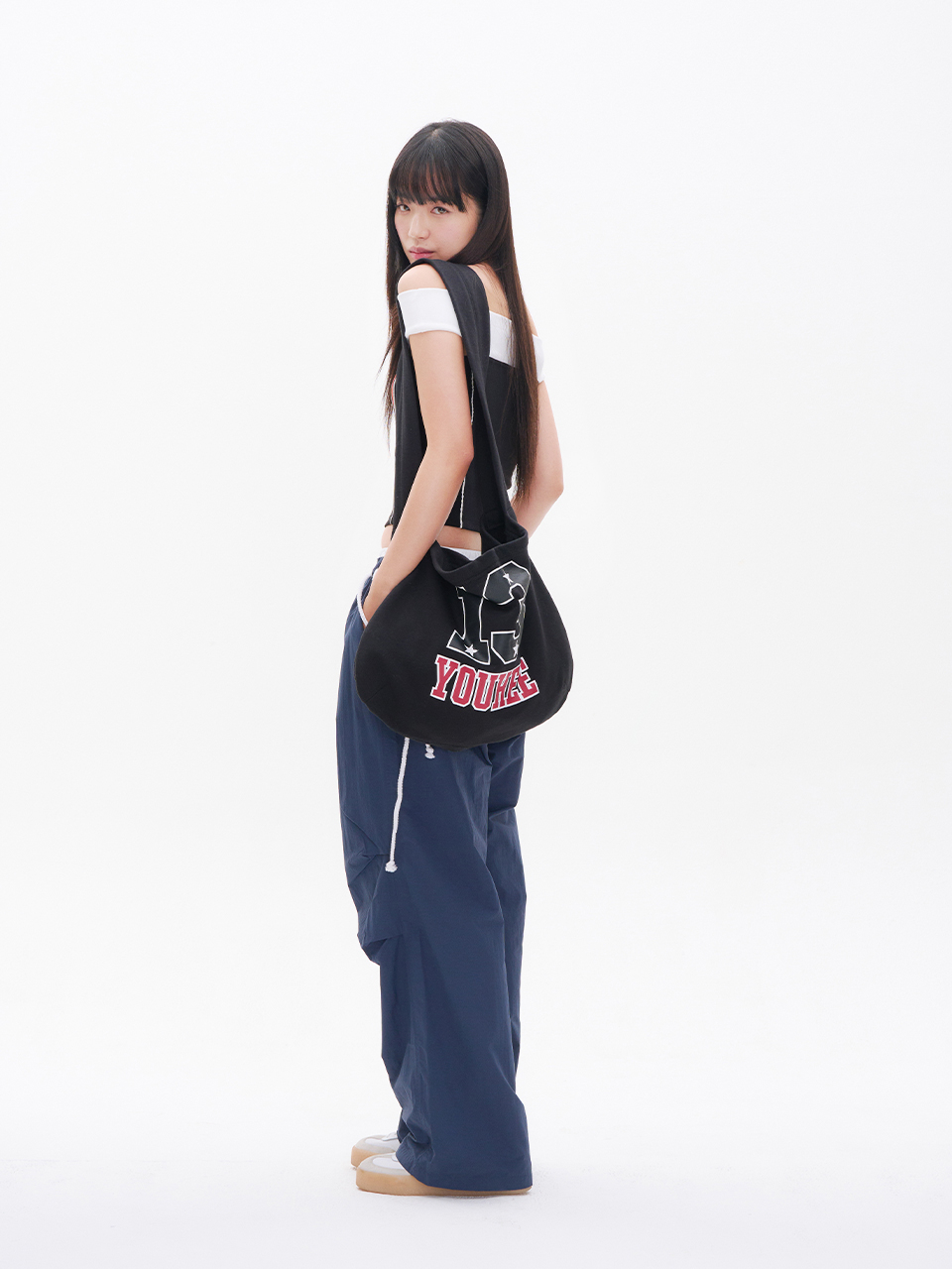 MUSINSA | YOUHEE OFF-SHOULDER GRAPHIC JERSEY TOP BLACK