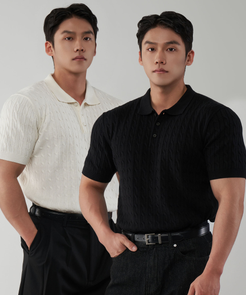 muscle fit Washable Cable Short-Sleeved Collar Knitwear 3 Colors