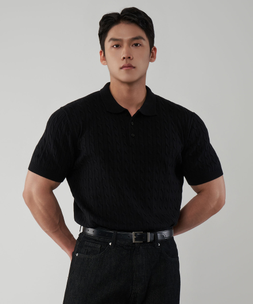 muscle fit Washable Cable Short-Sleeved Collar Knitwear 3 Colors