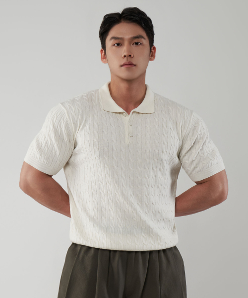 muscle fit Washable Cable Short-Sleeved Collar Knitwear 3 Colors