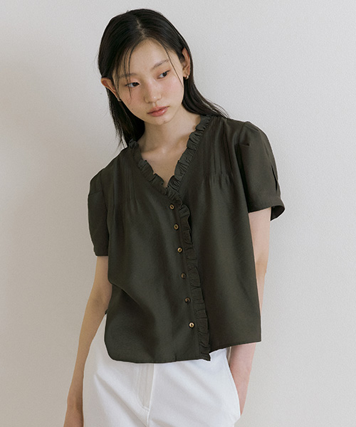 pintuck frill blouse-khaki brown