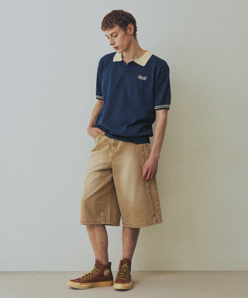 Бермуды с боковыми разрезами и вареным эффектом [Beige]