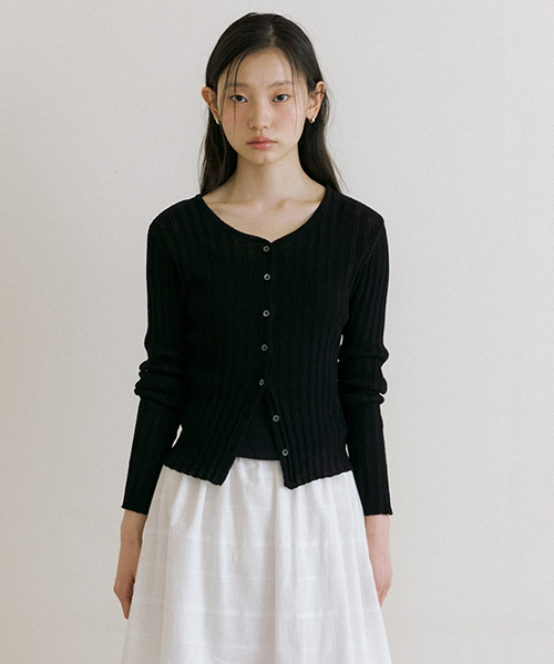 linen blended ribbed knit cardigan-black