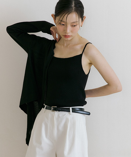linen blended ribbed knit cardigan-black
