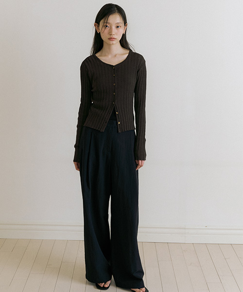 linen blended ribbed knit cardigan-brown