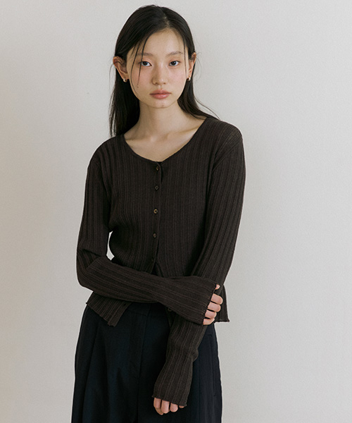 linen blended ribbed knit cardigan-brown