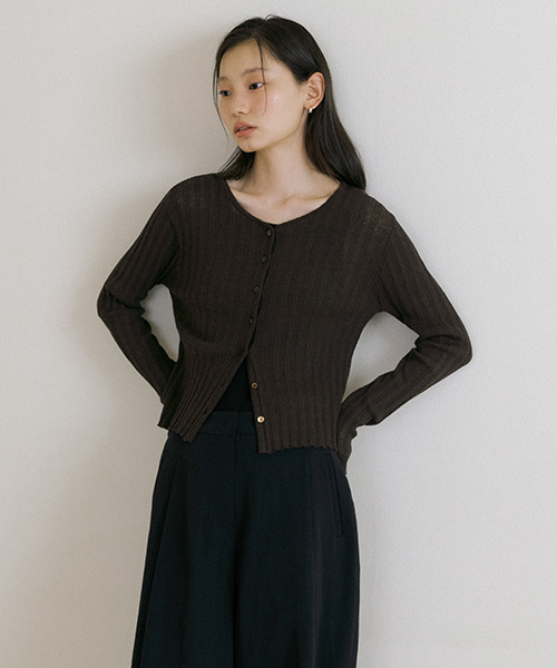 linen blended ribbed knit cardigan-brown
