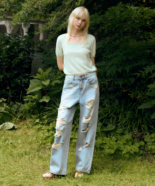 Широкие рваные джинсы - Light Blue