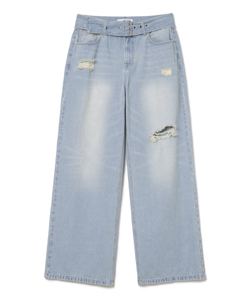 Широкие джинсы с ремнем и потертостями [Washed Blue]