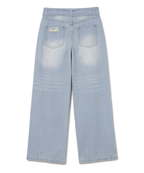 Широкие джинсы с ремнем и потертостями [Washed Blue]