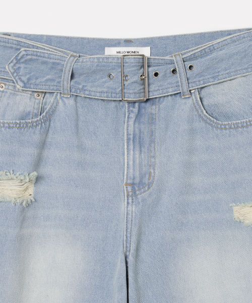 Широкие джинсы с ремнем и потертостями [Washed Blue]