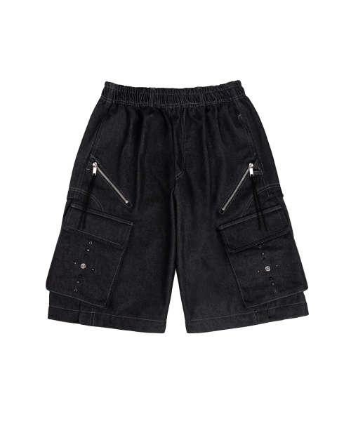 RIVET CARGO CONVERTIBLE DENIM PANTS - BLACK