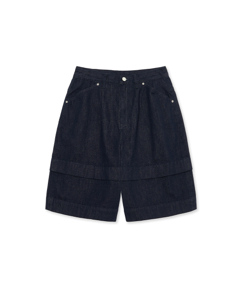 Knee Cut Layered Denim shorts_Indigo