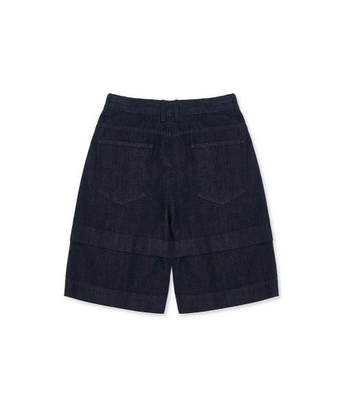 Knee Cut Layered Denim shorts_Indigo